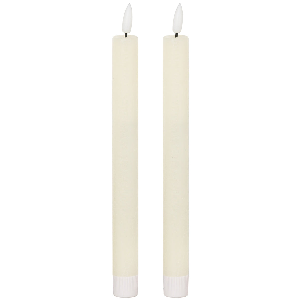 Two matching slender ivory dinner candles with white flame-shaped tips on dark posts and ribbed white lower sleeves, against a white background.
