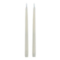 Two slim pale LED dinner candles against a white background, with plain white flame-shaped inserts and ribbed lower caps.