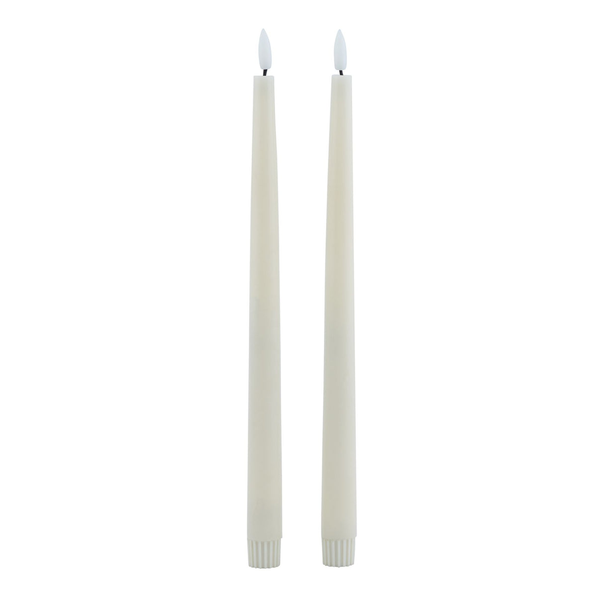 Two slim pale LED dinner candles against a white background, with plain white flame-shaped inserts and ribbed lower caps.