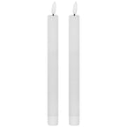 Two matching unlit white LED dinner candles with slender bodies, fluted lower sleeves and white flame-shaped tips on dark stems.