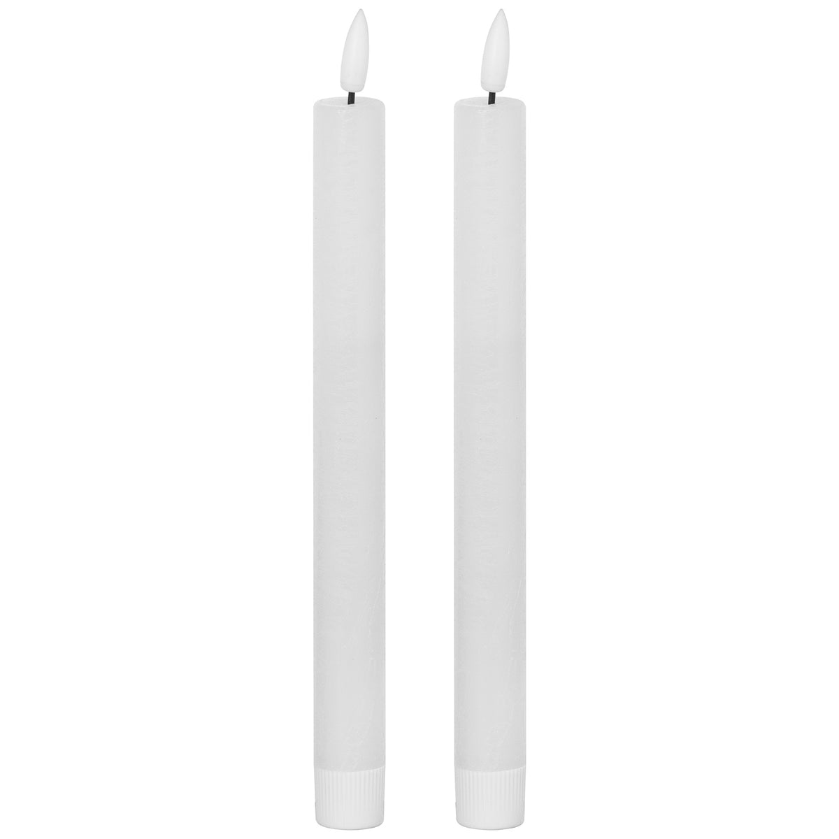 Two matching unlit white LED dinner candles with slender bodies, fluted lower sleeves and white flame-shaped tips on dark stems.