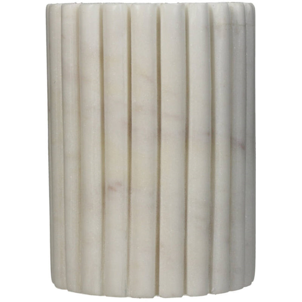 Side view of the cylindrical toothbrush holder showing pale marble veining across the fluted surface.