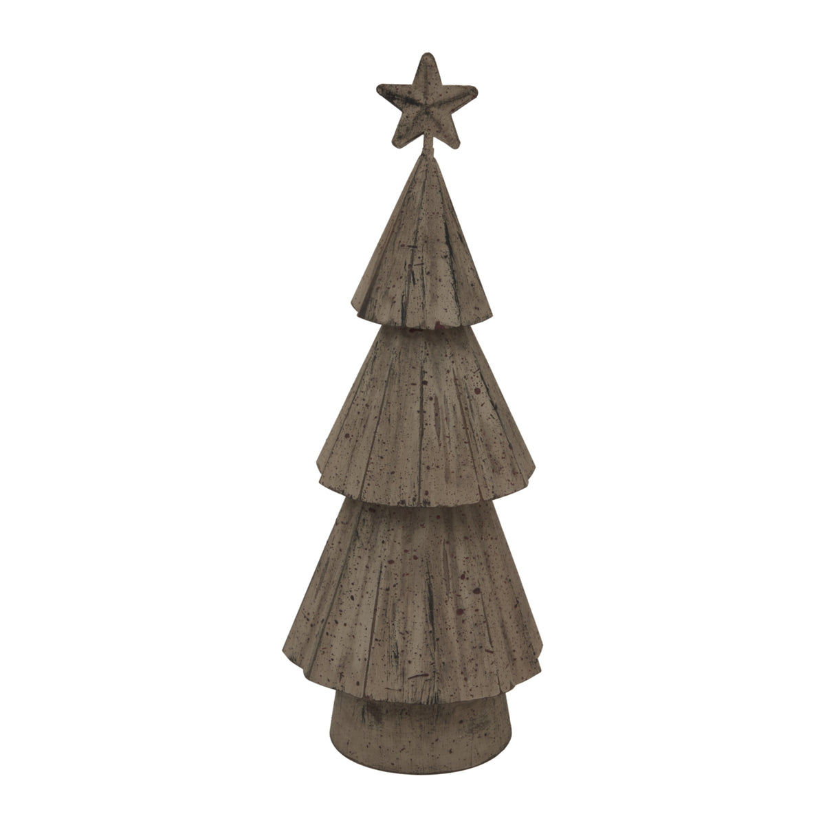 Closer view of the star-topped tiered tree ornament, showing dark speckles and streaks across its pale folded surfaces.