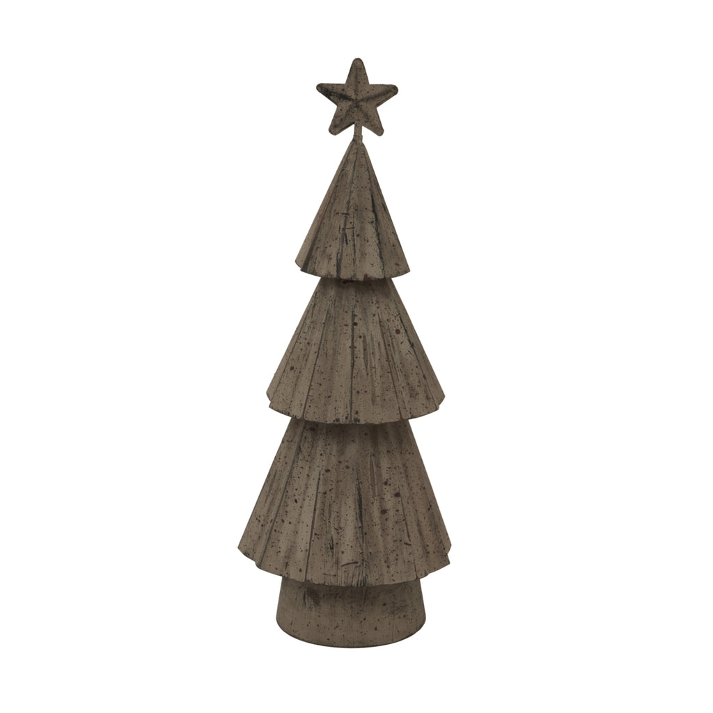 Pale mottled tree ornament with three folded cone-like tiers, a five-point star and a short cylindrical base against white.