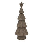 Closer view of the tiered tree ornament showing dark speckles, vertical fold lines and the raised facets of its star finial.