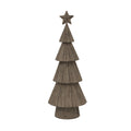 Full view of a pale mottled tree ornament with four folded cone-like tiers, a five-point star and a cylindrical base on white.