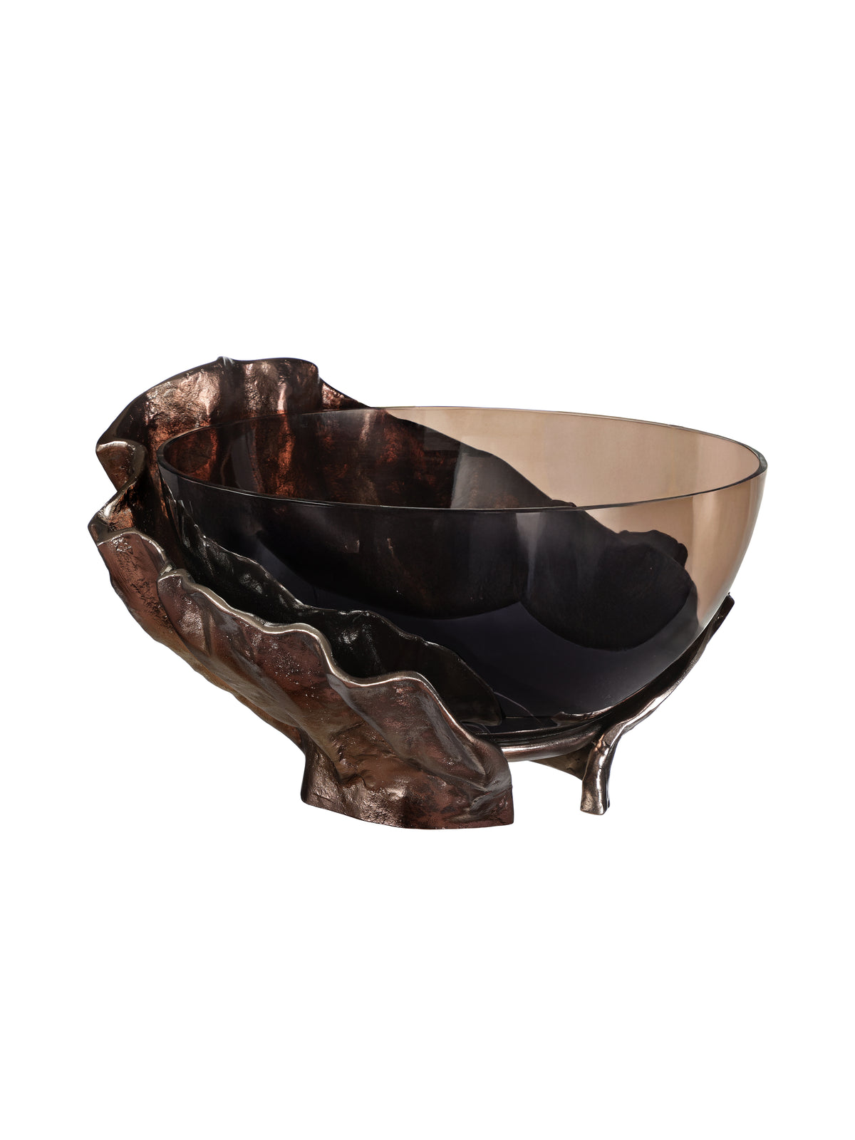 Three-quarter view of a smoked glass bowl held within a bronze-toned folded metal surround on a white background.