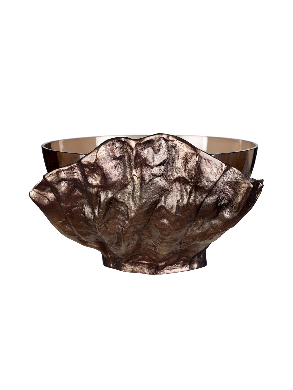 Rear view showing the broad, textured bronze-toned surround with an irregular upper edge and the glass bowl behind it.