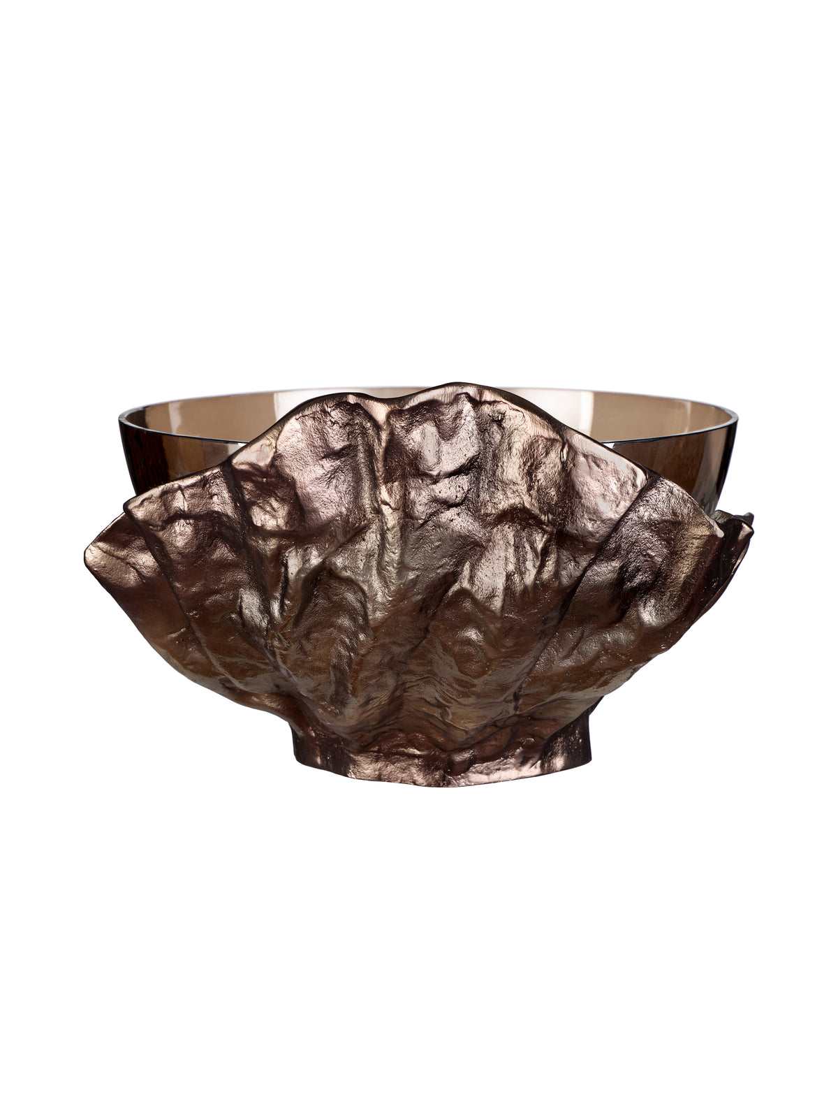 Rear view showing the broad, textured bronze-toned surround with an irregular upper edge and the glass bowl behind it.