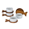 Four brown fish-shaped trays and four glossy white bowls, with three bowls seated on trays and one tray standing behind a separate bowl.