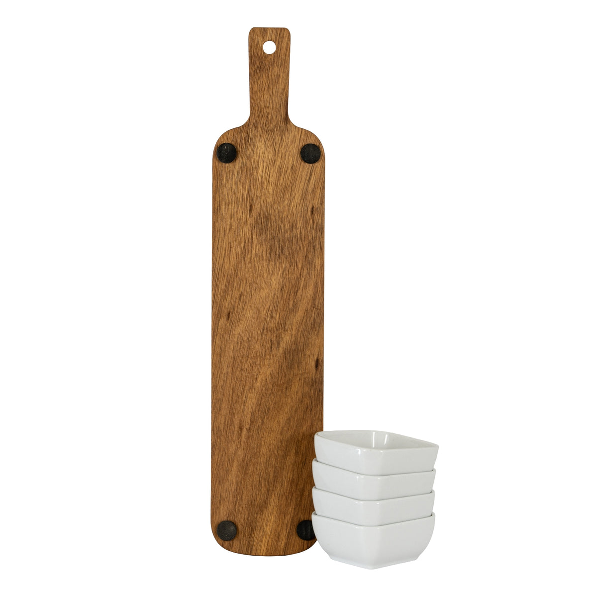 Underside of the upright paddle-shaped board showing four dark round pads, with four white bowls stacked beside its lower edge.
