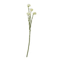 Full view of an artificial flower spray with four cream clustered heads at different heights on a long green stem with sparse narrow leaves.