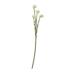 Full view of an artificial flower spray with four cream clustered heads at different heights on a long green stem with sparse narrow leaves.