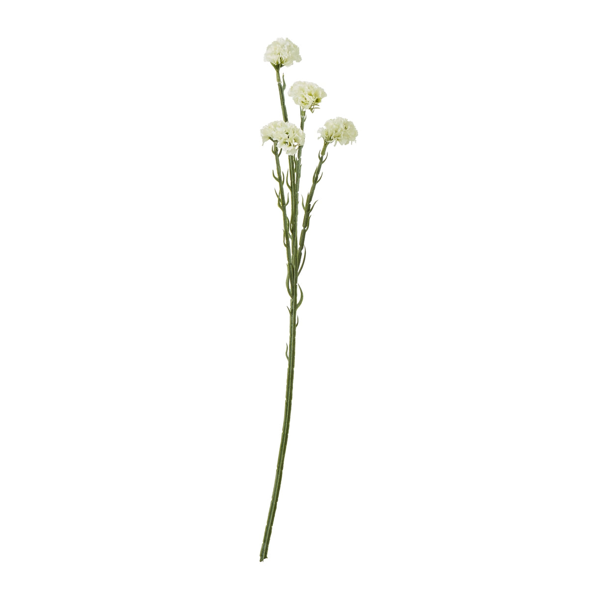 Full view of an artificial flower spray with four cream clustered heads at different heights on a long green stem with sparse narrow leaves.