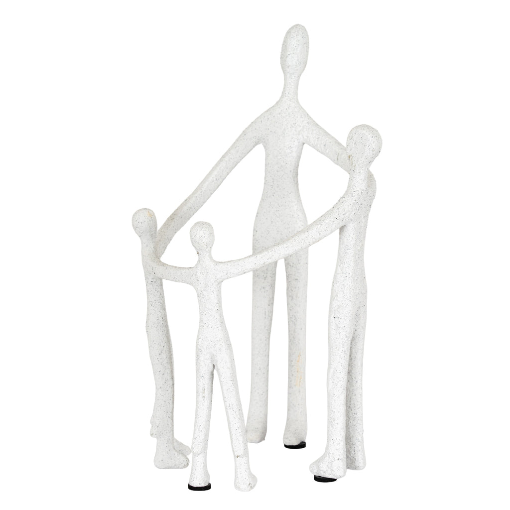 Full view of four pale, grey-speckled faceless figures of different heights, joined by long arms around an open centre.