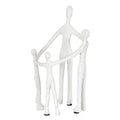 Full view of four pale, grey-speckled faceless figures of different heights, joined by long arms around an open centre.