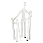 Full view of four pale, grey-speckled faceless figures of different heights, joined by long arms around an open centre.