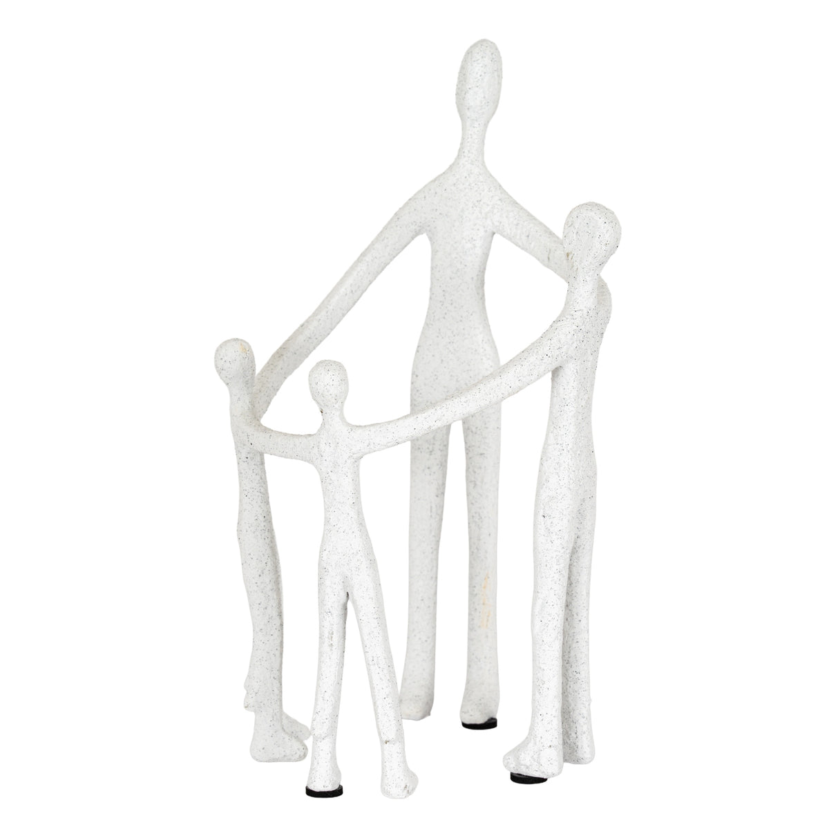 Full view of four pale, grey-speckled faceless figures of different heights, joined by long arms around an open centre.
