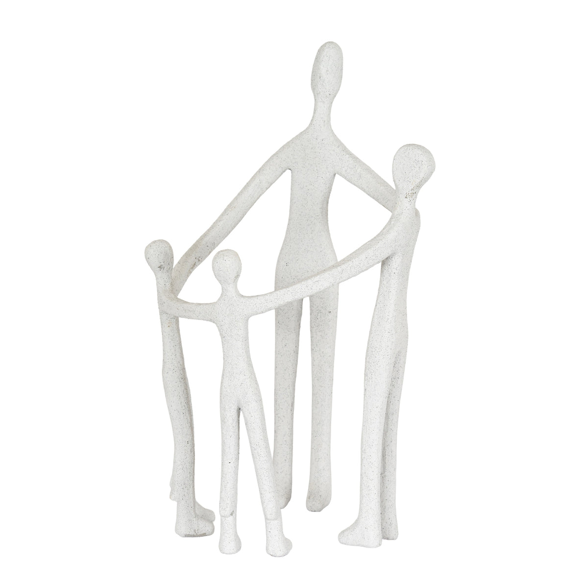 Off-white ornament of four elongated, faceless figures joined by their outstretched arms, shown in full against a white background.