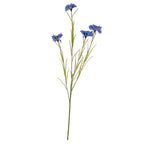 Full view of a blue artificial flower spray with four layered blooms, branching green stems and narrow leaves against white.