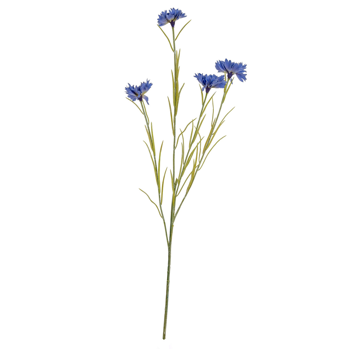 Full view of a blue artificial flower spray with four layered blooms, branching green stems and narrow leaves against white.