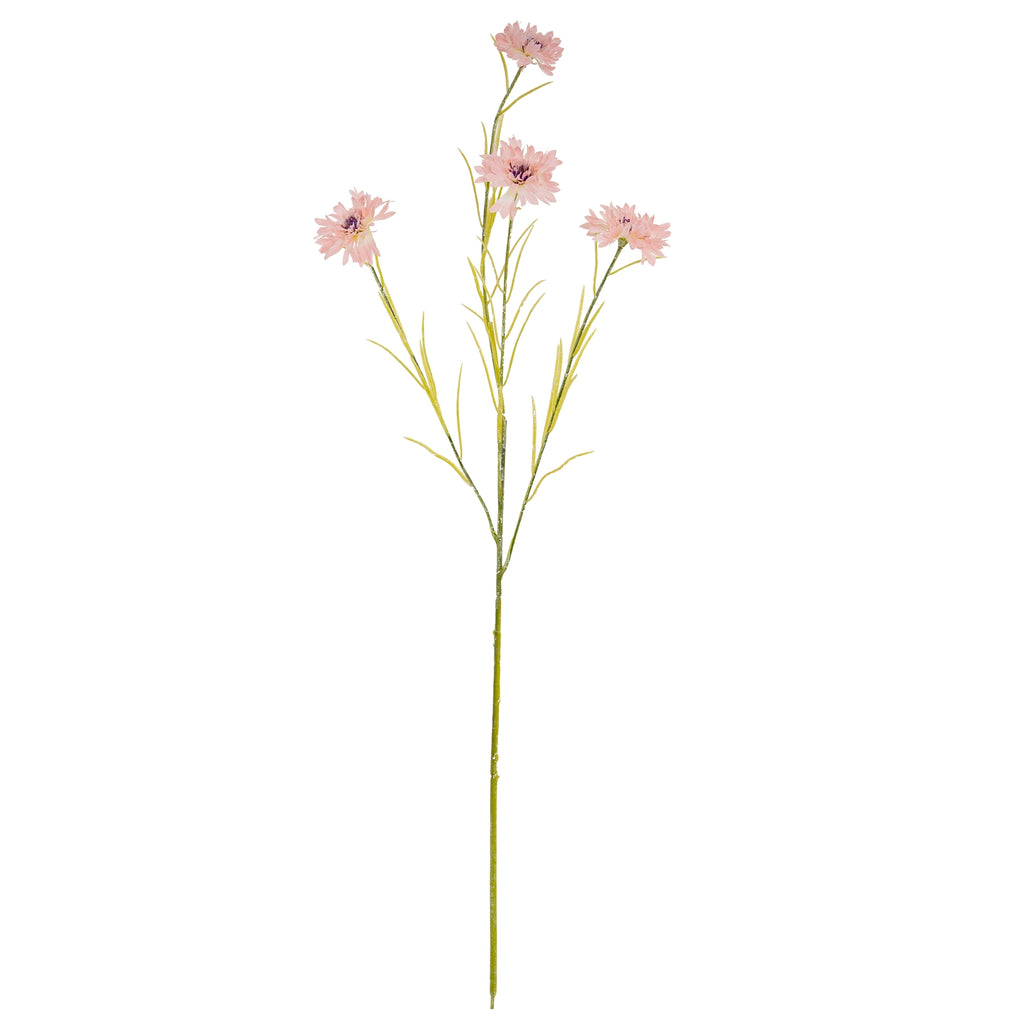 Full view of an artificial blush-pink flower spray with four open flower heads, branching green stems and narrow leaves against white.
