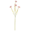 Full view of an artificial blush-pink flower spray with four open flower heads, branching green stems and narrow leaves against white.