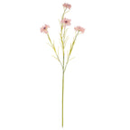 Full view of an artificial blush-pink flower spray with four open flower heads, branching green stems and narrow leaves against white.