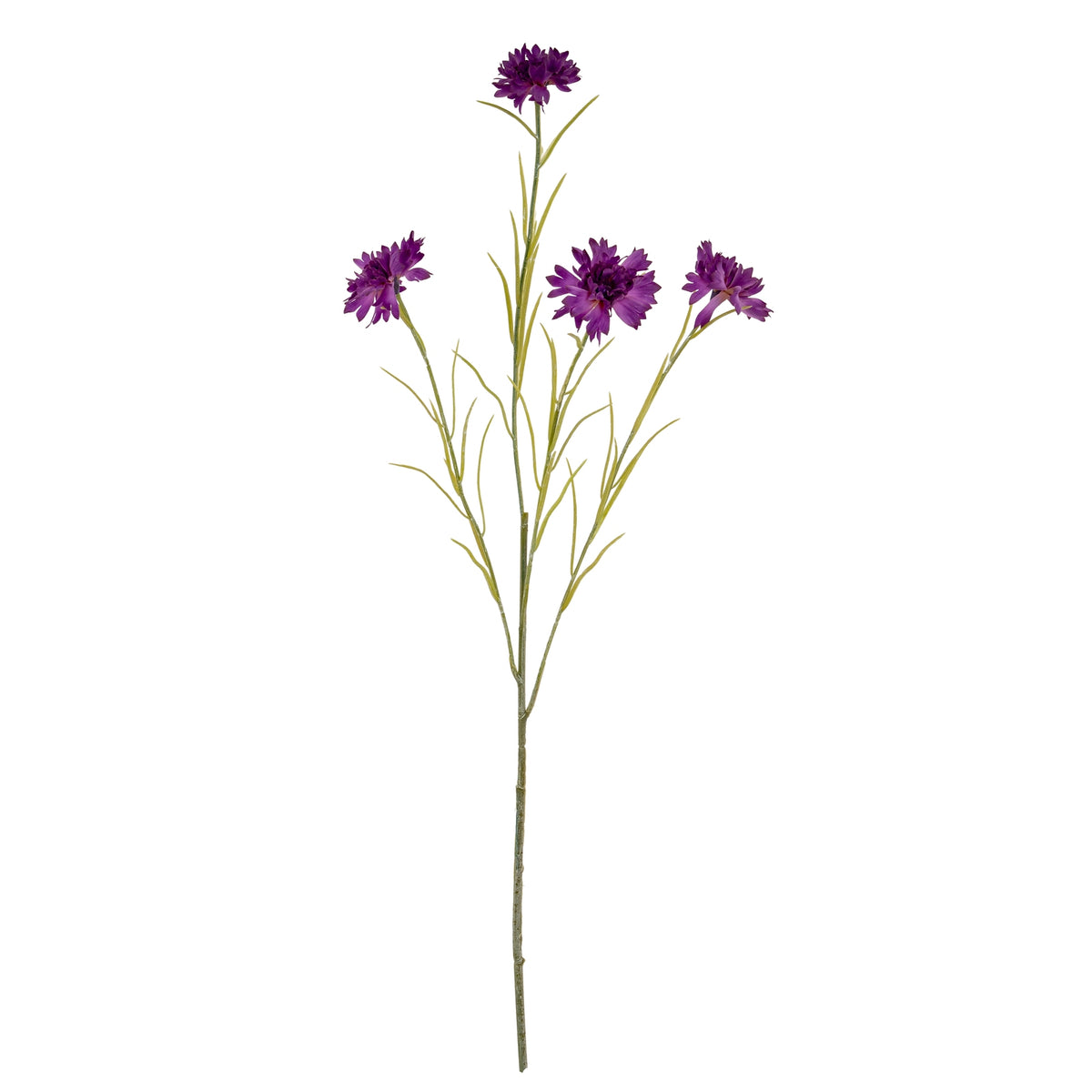 Full view of an artificial purple flower spray with four layered blooms, branching green stems and slender leaves against white.