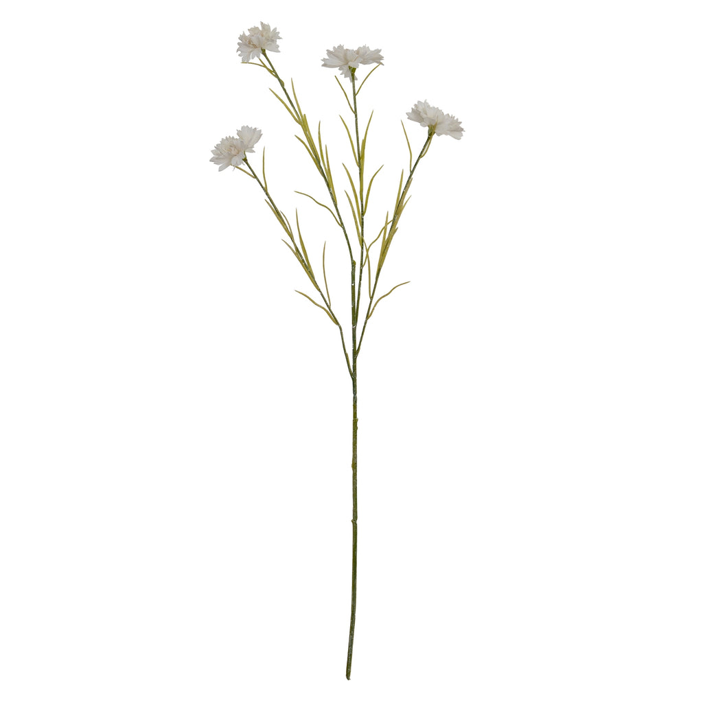 Full view of an artificial white flower spray with a long green stem, four flowerheads and narrow leaves against a white background.