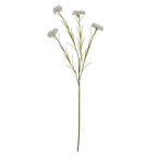Full view of an artificial white flower spray with a long green stem, four flowerheads and narrow leaves against a white background.