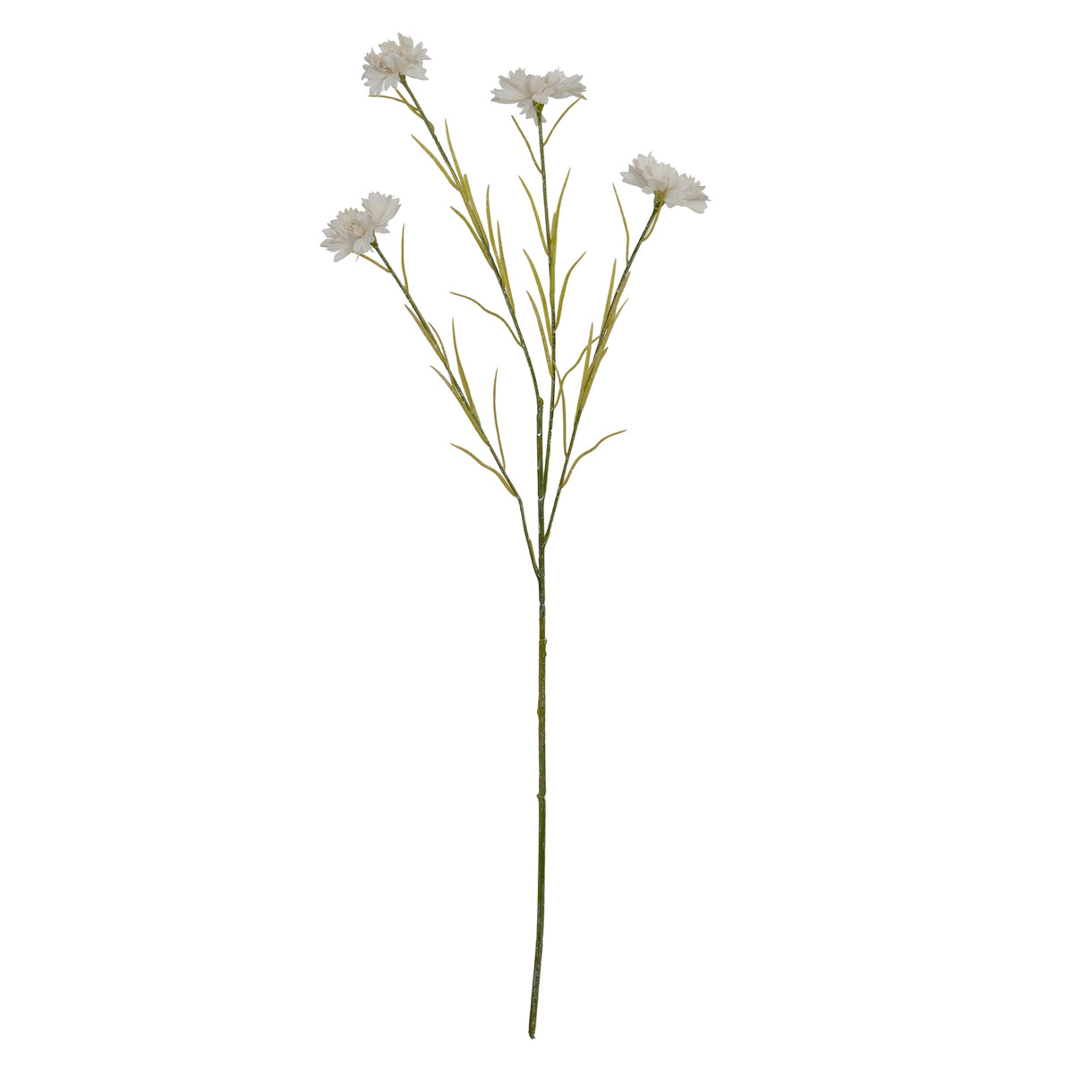Full view of an artificial white flower spray with a long green stem, four flowerheads and narrow leaves against a white background.