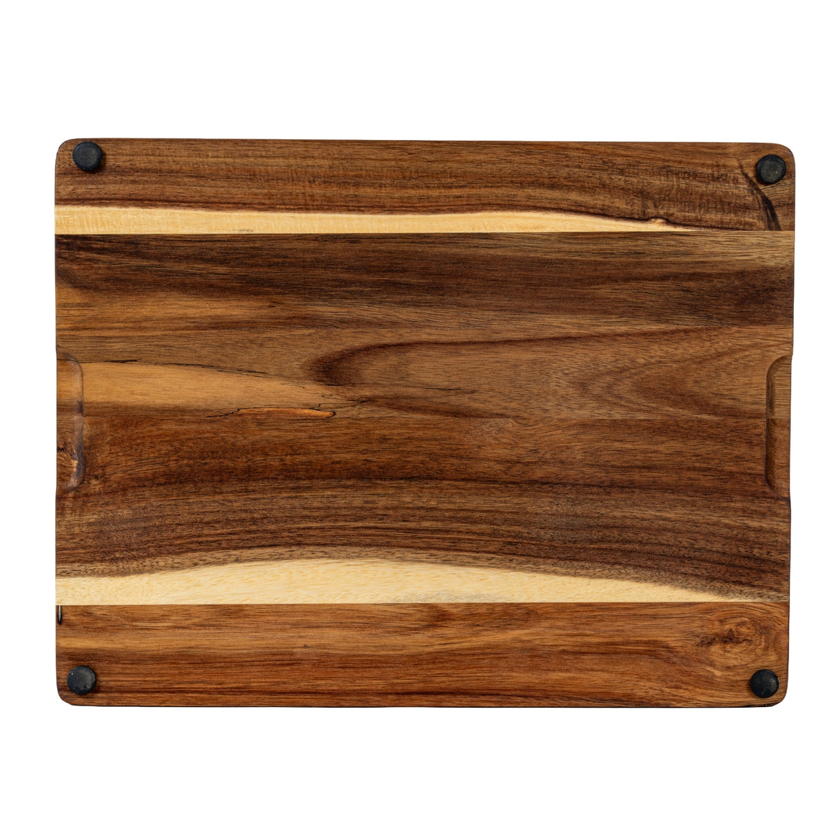 Underside of the rectangular brown grained board, with four black round pads near the corners.