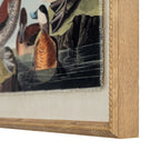 Angled close-up of the lower-right front corner, showing an orange-breasted waterfowl, dark water, the print's frayed-looking edge, pale textured surround and beaded tan-gold frame.