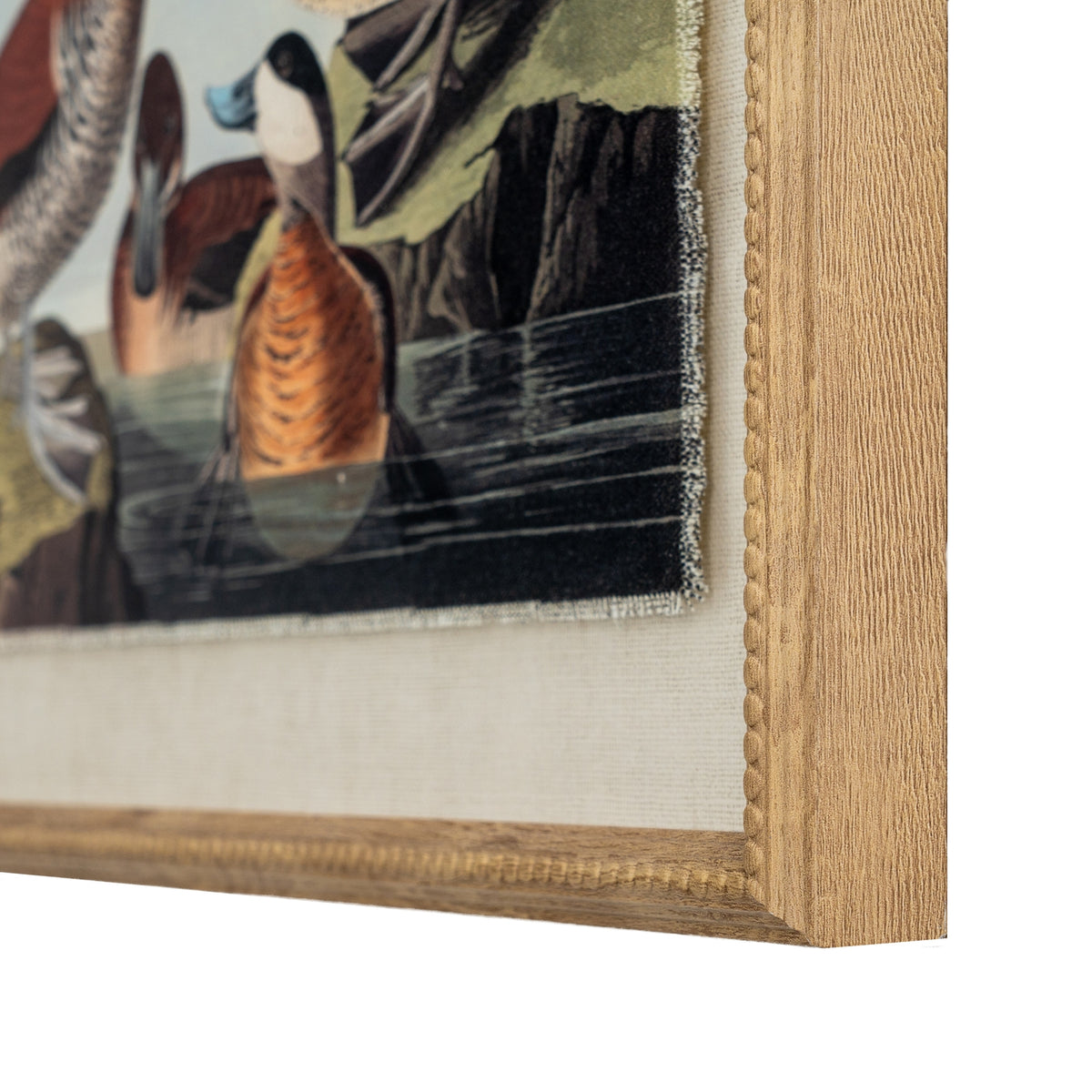Angled close-up of the lower-right front corner, showing an orange-breasted waterfowl, dark water, the print's frayed-looking edge, pale textured surround and beaded tan-gold frame.
