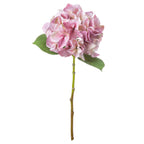 Full view of a pink artificial flower stem with a rounded cluster of florets, two serrated green leaves and a long green-to-brown stalk against white.