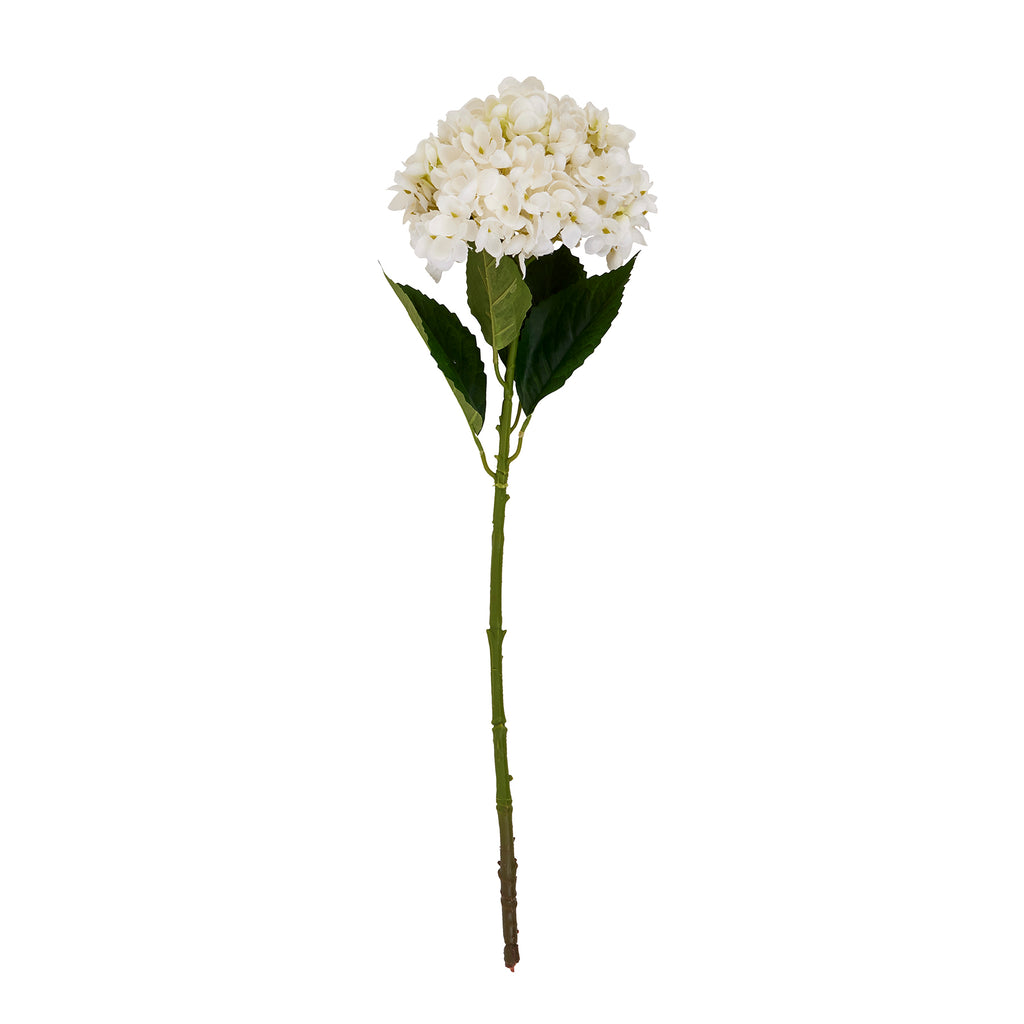 Full view of an artificial flower stem with a rounded white flower head, broad green leaves and a long green stalk against a white background.