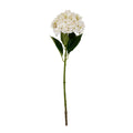 Full view of an artificial flower stem with a rounded white flower head, broad green leaves and a long green stalk against a white background.