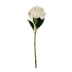 Full view of an artificial flower stem with a rounded white flower head, broad green leaves and a long green stalk against a white background.