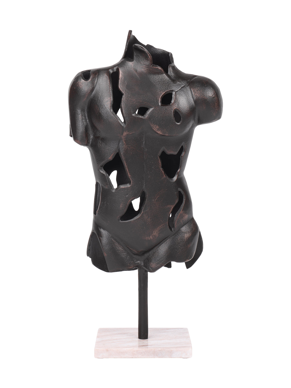 Dark textured torso sculpture with irregular openings and warm highlights, raised on a black stem above a pale rectangular marble base.