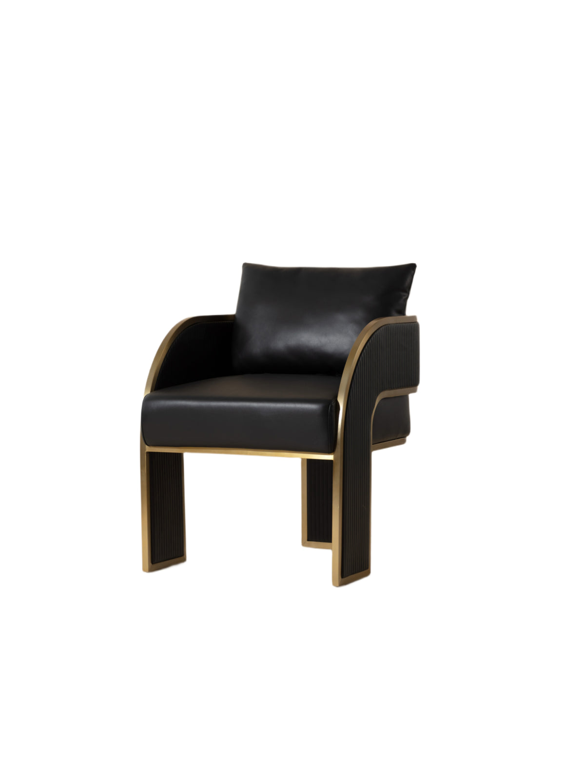Three-quarter front view of a black dining armchair with a separate back cushion, curved arms, channel-stitched side panels and broad legs edged in gold.
