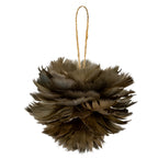 Rounded taupe and brown feather-look hanging decoration with layered fringed tips and a long tan cord loop against white.