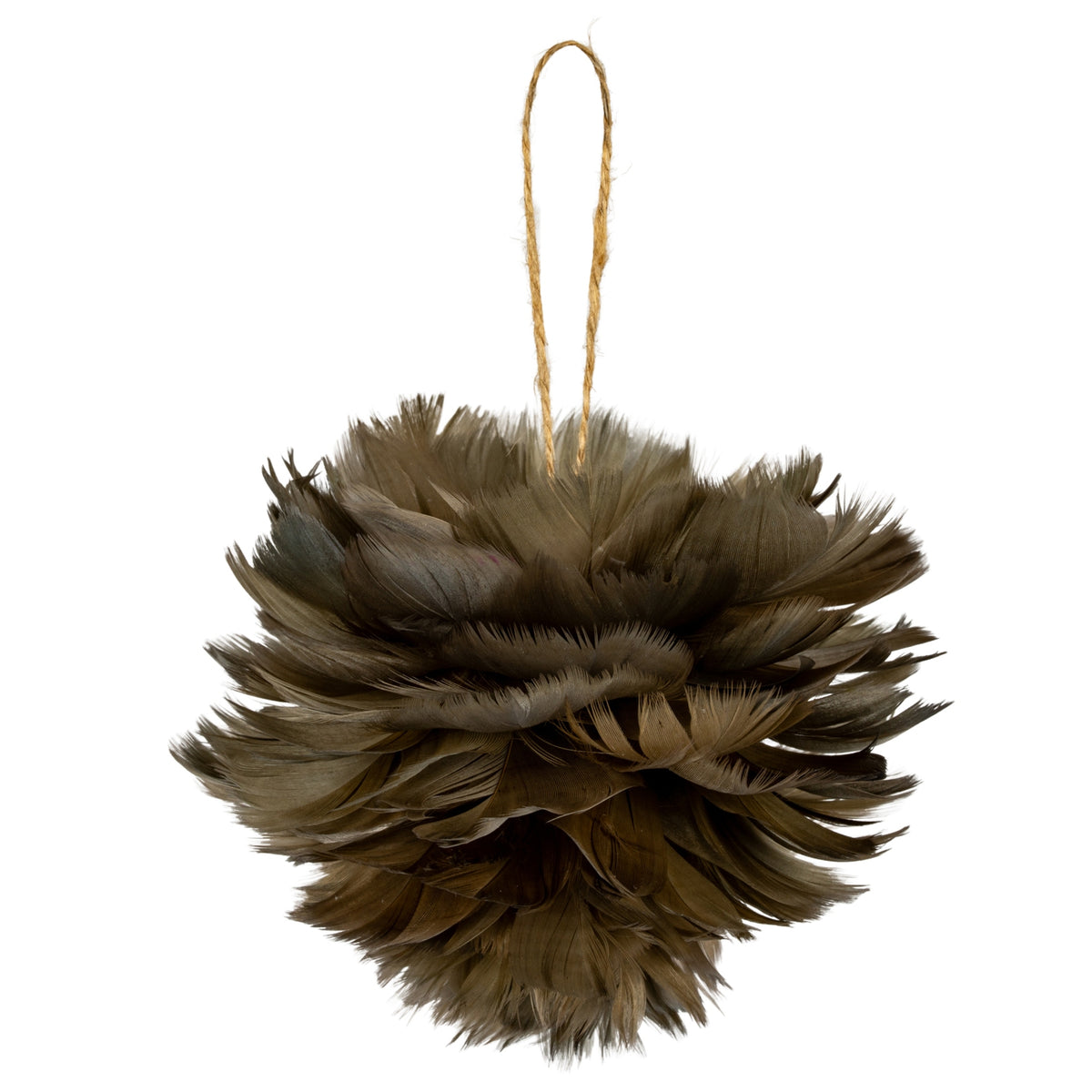 Rounded taupe and brown feather-look hanging decoration with layered fringed tips and a long tan cord loop against white.