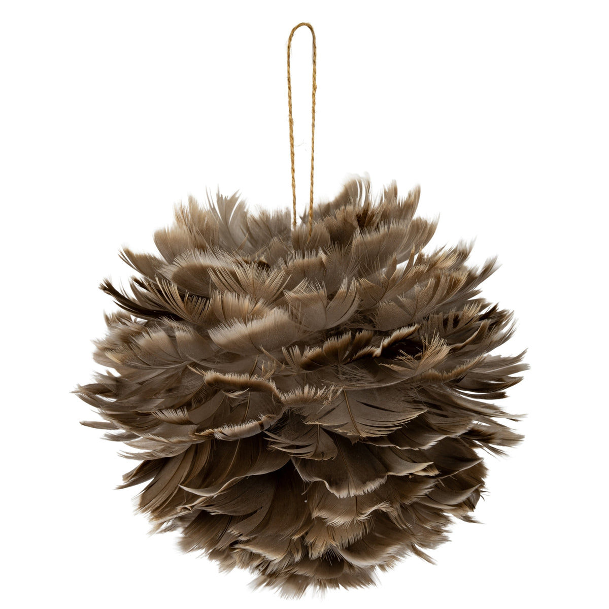 Rounded taupe and brown featherlook ball decoration with fringed projecting tips and a long tan hanging loop against white.