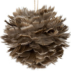 Close-up of overlapping grey-brown and warm-brown feather-like elements, showing fine fringed edges and curled tips on the hanging ball.