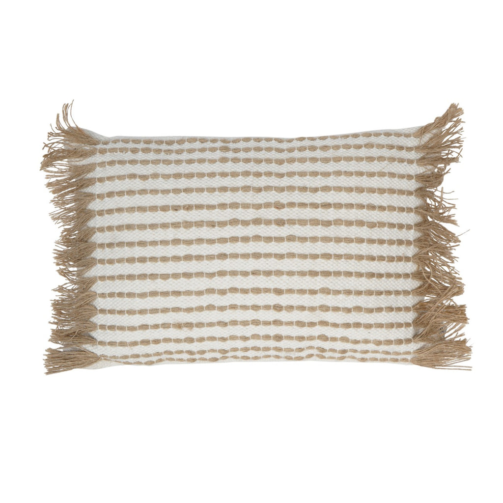 Front view of a rectangular ivory woven cushion with horizontal tan rows and fringe at both short edges.