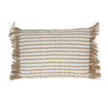 Front view of a rectangular ivory woven cushion with horizontal tan rows and fringe at both short edges.
