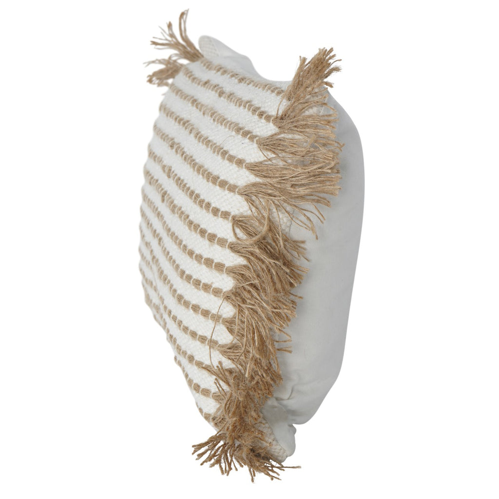 Angled side view showing the cushion's woven striped front, tan fringe and plain ivory reverse.