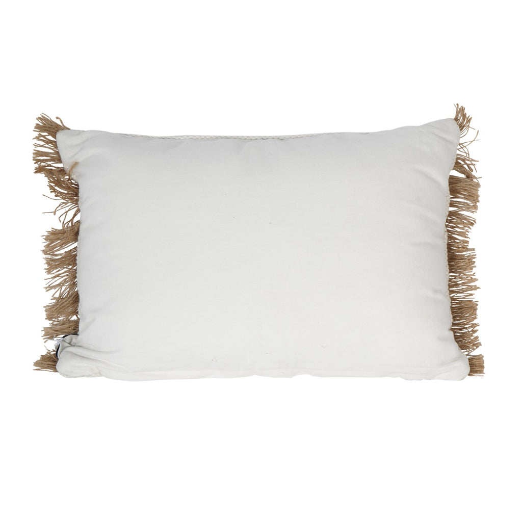 Rear view of the rectangular cushion with a plain ivory back and tan fringe along both sides.