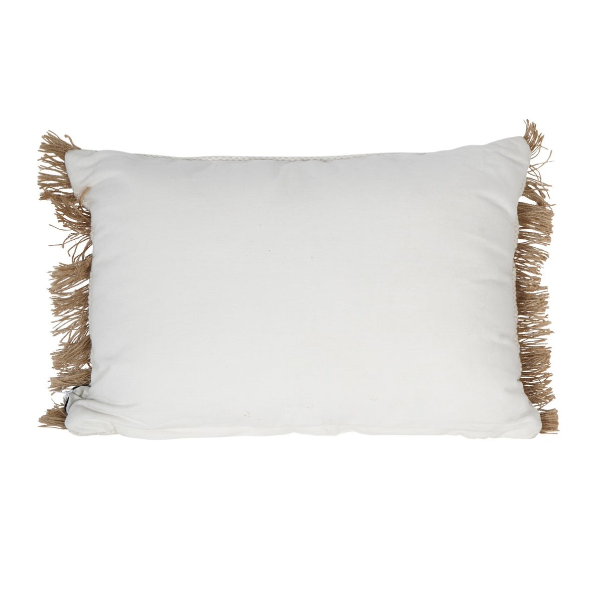 Rear view of the rectangular cushion with a plain ivory back and tan fringe along both sides.